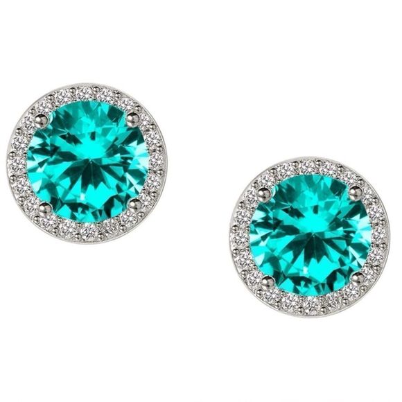 925 Sterling Silver with Cyan Moissanite and Diamond CZ Round Halo Stud Earrings